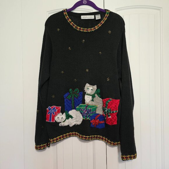 Vintage Victoria Jones Cat Presents Beaded Sweater Black Size Medium - Picture 1 of 6